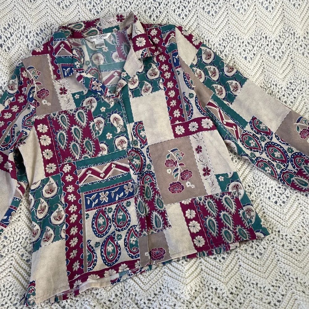 Vintage Shirt Paisley Floral Mixed Print Patchwork Kitschy Indie Hippy Funky Top
